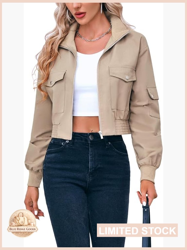 Cropped Bomber Jacket Lightweight Zip Up Stand Collar Long Sleeve Short Jacket